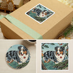Australian Shepherd Japanese Print stocking stuffer gift set: round cork-back coaster and two 3x3 vinyl stickers