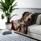 Australian Shepherd Kings & Queens sherpa blanket by Tritan, on sofa