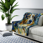 Australian Shepherd Post-Impressionist sherpa blanket by Tritan, on sofa