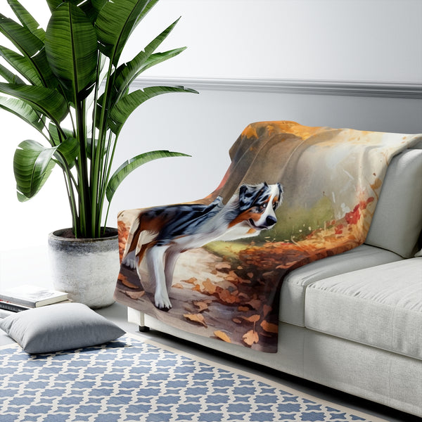 Australian Shepherd Watercolor Autumn Path Throw Blanket | Premium Dog Prints | Tritan — Lifestyle View