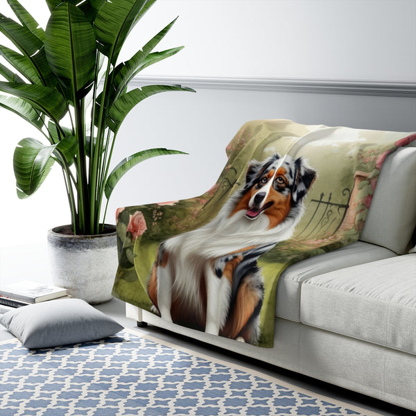 Australian Shepherd Watercolor Cottage Garden Throw Blanket | Premium Dog Prints | Tritan — Lifestyle View