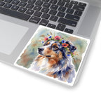 Australian Shepherd Watercolor vinyl sticker by Tritan, on a laptop