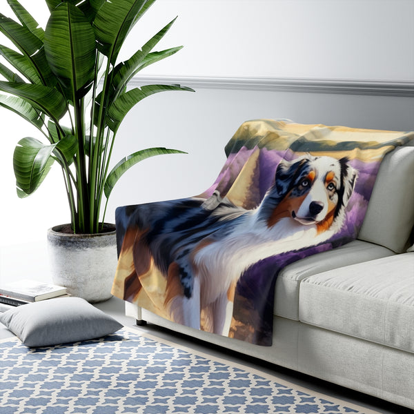 Australian Shepherd Watercolor Lavender Fields Throw Blanket | Premium Dog Prints | Tritan — Lifestyle View