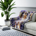 Australian Shepherd Watercolor sherpa blanket by Tritan, on sofa