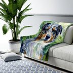 Australian Shepherd Watercolor sherpa blanket by Tritan, on sofa