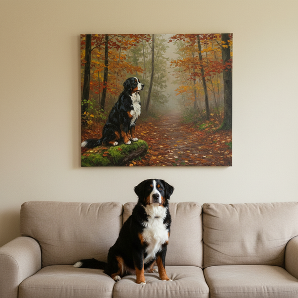 Bernese Mountain Dog Wall Art | Stretched Canvas Print | Dog Lover Gift | Pet Portrait | Acrylic Painting Style Decor — Lifestyle View
