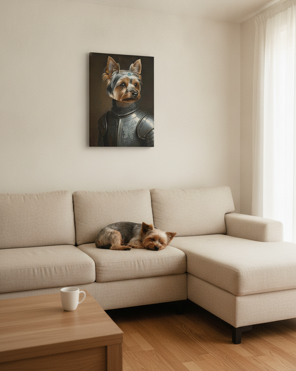 Yorkshire Terrier Medieval Knight Portrait Canvas Wall Art, Regal Dog Painting, Yorkshire Terrier Lover Gift, Stretched Canvas — Lifestyle View