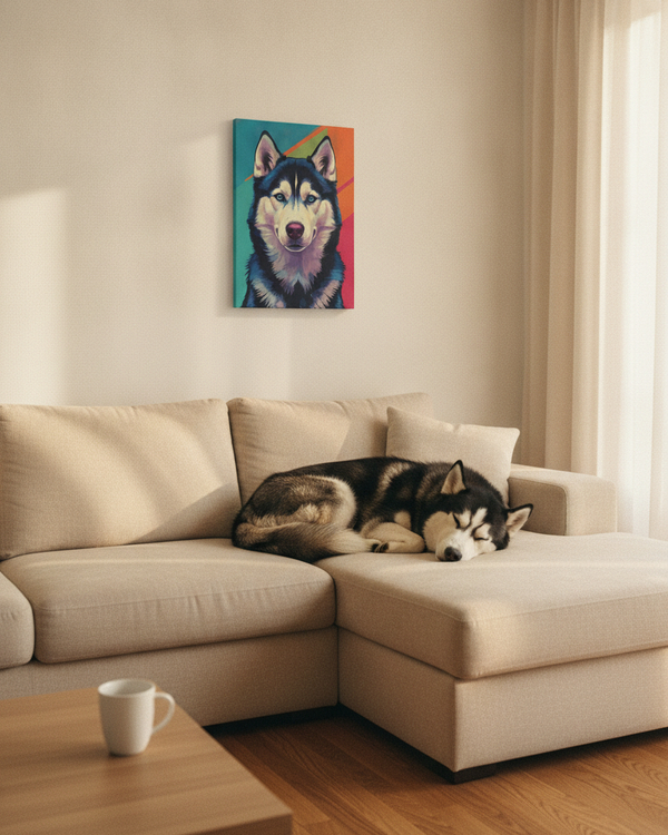 Siberian Husky Pop Art Canvas Print, Husky Wall Art Decor, Dog Lover Gift, Modern Pet Portrait — Lifestyle View