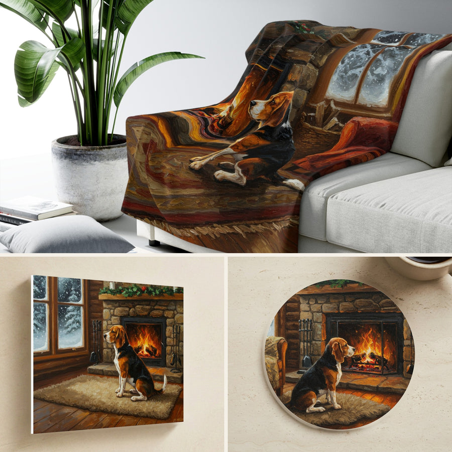 Beagle By the Fire gift set: canvas, sherpa blanket and coaster in one painting