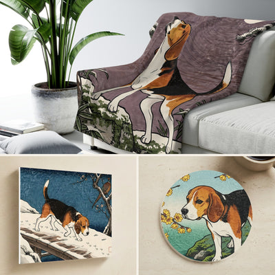 Beagle Japanese Print Gift Set | Canvas, Sherpa Blanket & Coaster | Tritan