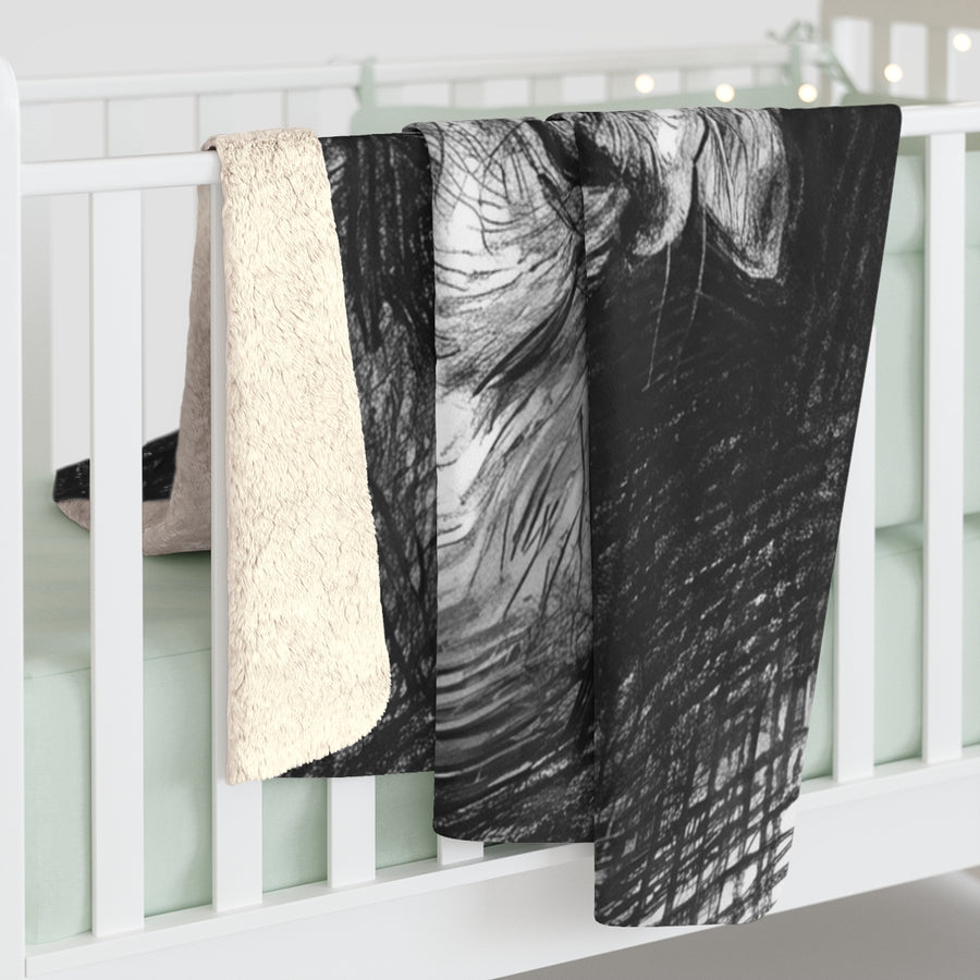 Beagle Charcoal sherpa blanket by Tritan, on bed