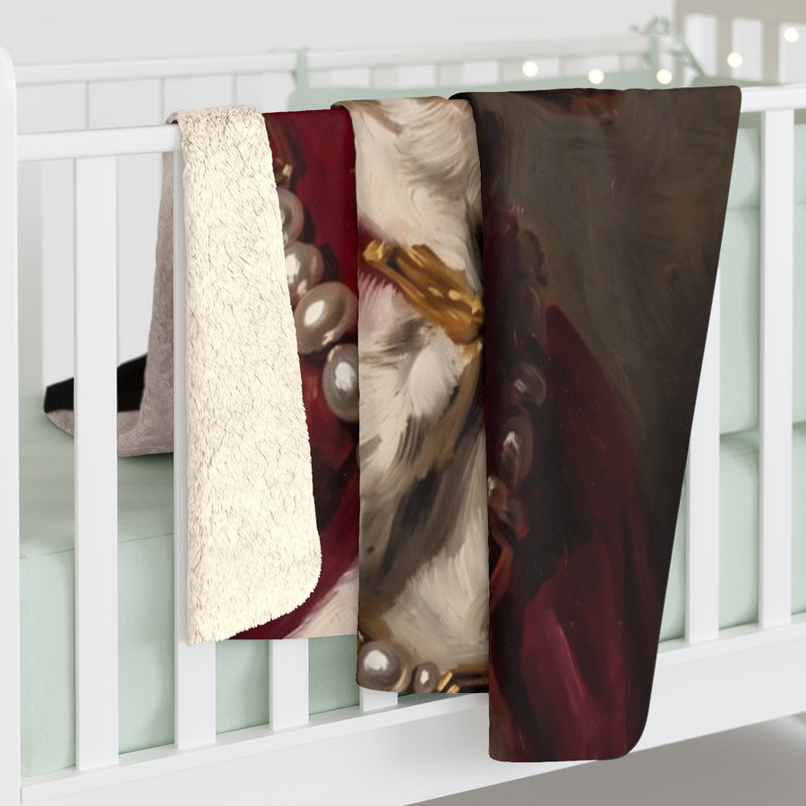 Beagle Kings & Queens sherpa blanket by Tritan, on bed