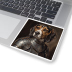 Beagle Medieval Knight vinyl sticker by Tritan, on a laptop