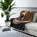 Beagle Renaissance Royal sherpa blanket by Tritan, on sofa