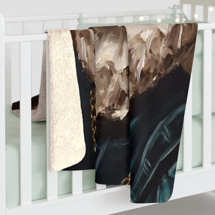 Beagle Renaissance Royal sherpa blanket by Tritan, on bed