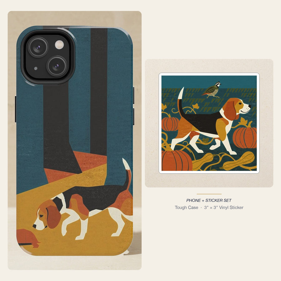Beagle Retro Autumn phone and sticker gift set: dual-layer iPhone 15 Pro tough case and 3x3 vinyl sticker