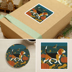 Beagle Retro Autumn stocking stuffer gift set: round cork-back coaster and two 3x3 vinyl stickers