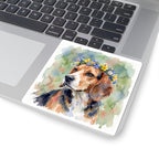 Beagle Watercolor vinyl sticker by Tritan, on a laptop