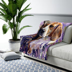 Beagle Watercolor sherpa blanket by Tritan, on sofa
