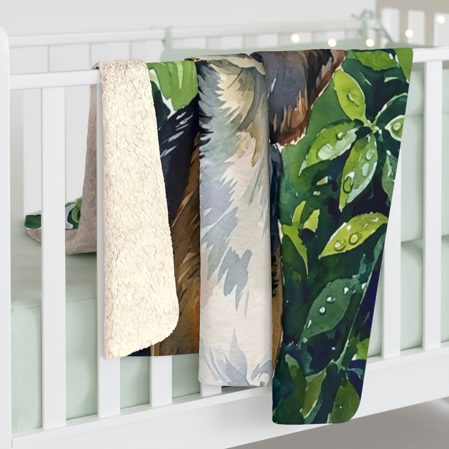 Beagle Watercolor sherpa blanket by Tritan, on bed