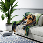 Beagle Watercolor sherpa blanket by Tritan, on sofa
