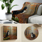 Bernese Mountain Dog Autumn Woods gift set: canvas, sherpa blanket and coaster in one painting