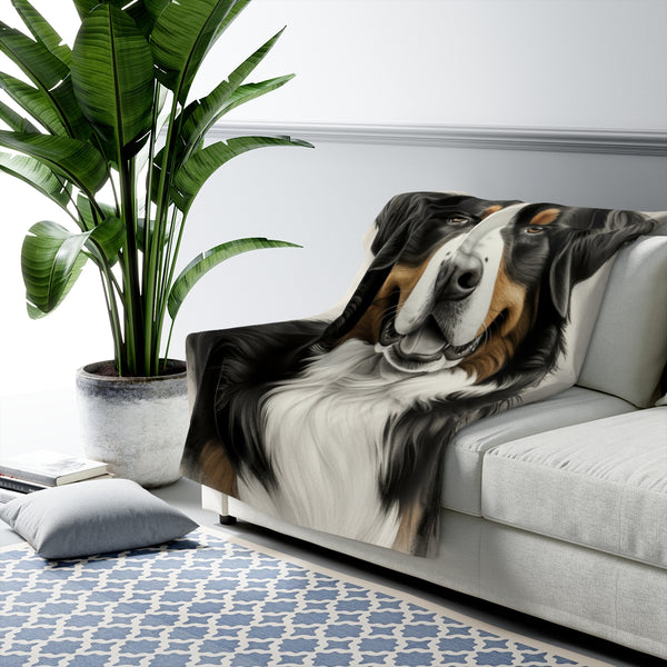 Bernese Mountain Dog Charcoal Portrait Sherpa Fleece Blanket | Dog Lover Gift — Lifestyle View