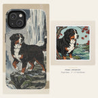 Bernese Mountain Dog Japanese Print phone and sticker gift set: dual-layer iPhone 15 Pro tough case and 3x3 vinyl sticker