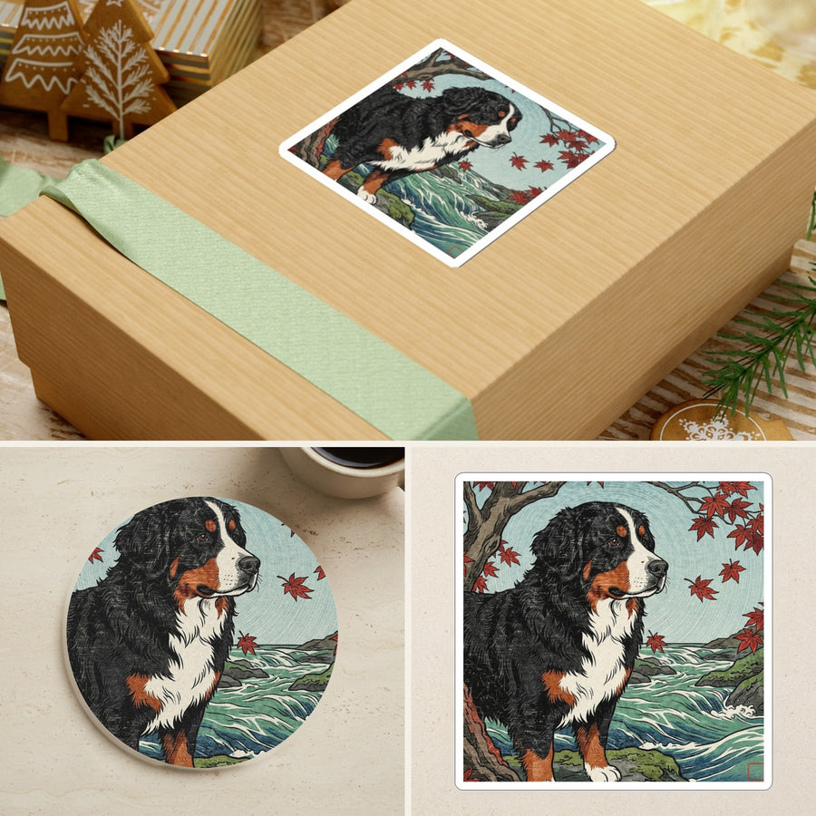 Bernese Mountain Dog Japanese Print stocking stuffer gift set: round cork-back coaster and two 3x3 vinyl stickers