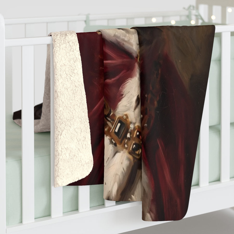 Bernese Mountain Dog Kings & Queens sherpa blanket by Tritan, on bed