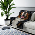 Bernese Mountain Dog Oil Portrait sherpa blanket by Tritan, on sofa