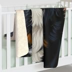 Bernese Mountain Dog Oil Portrait sherpa blanket by Tritan, on bed