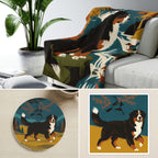Bernese Mountain Dog Retro Autumn cozy gift set: sherpa fleece blanket, cork-back coaster, and vinyl sticker