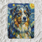 Australian Shepherd Post-Impressionist Sherpa Fleece Blanket, Painterly Dog Art, Australian Shepherd Lover Gift shown lying flat on softly rumpled white bedding