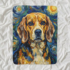 Beagle Post-Impressionist Sherpa Fleece Blanket, Painterly Dog Art, Beagle Lover Gift shown lying flat on softly rumpled white bedding