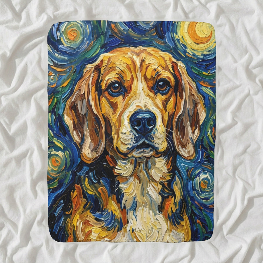 Beagle Post-Impressionist Sherpa Fleece Blanket, Painterly Dog Art, Beagle Lover Gift shown lying flat on softly rumpled white bedding