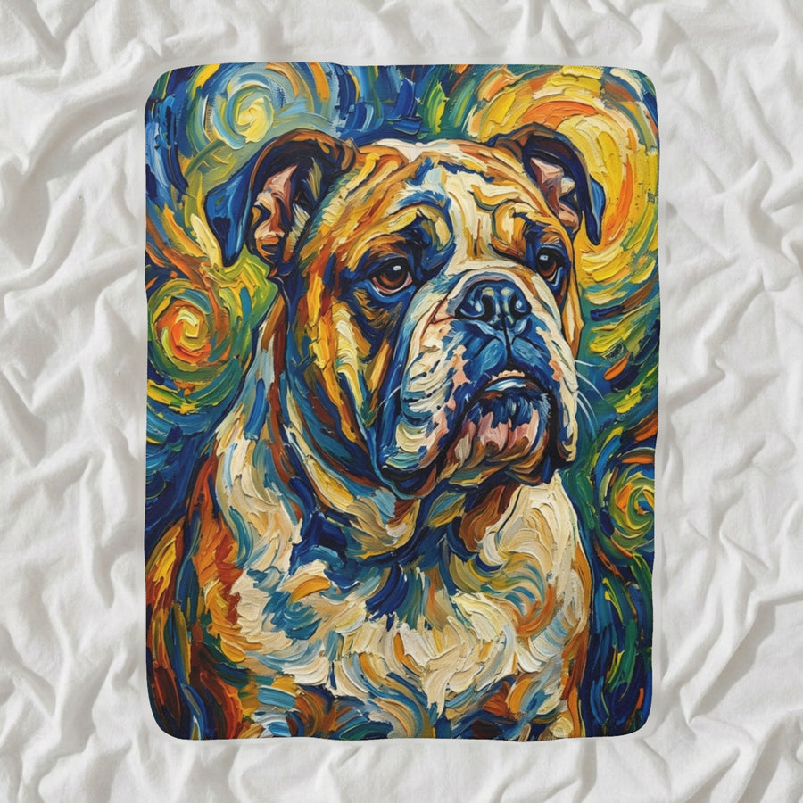English Bulldog Post-Impressionist Sherpa Fleece Blanket, Painterly Dog Art, English Bulldog Lover Gift shown lying flat on softly rumpled white bedding