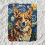 Corgi Post-Impressionist Sherpa Fleece Blanket, Painterly Dog Art, Corgi Lover Gift shown lying flat on softly rumpled white bedding