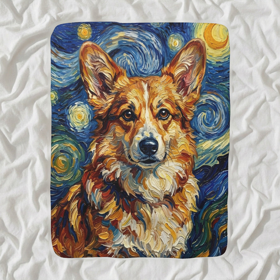 Corgi Post-Impressionist Sherpa Fleece Blanket, Painterly Dog Art, Corgi Lover Gift shown lying flat on softly rumpled white bedding