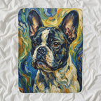 French Bulldog Post-Impressionist Sherpa Fleece Blanket, Painterly Dog Art, French Bulldog Lover Gift shown lying flat on softly rumpled white bedding
