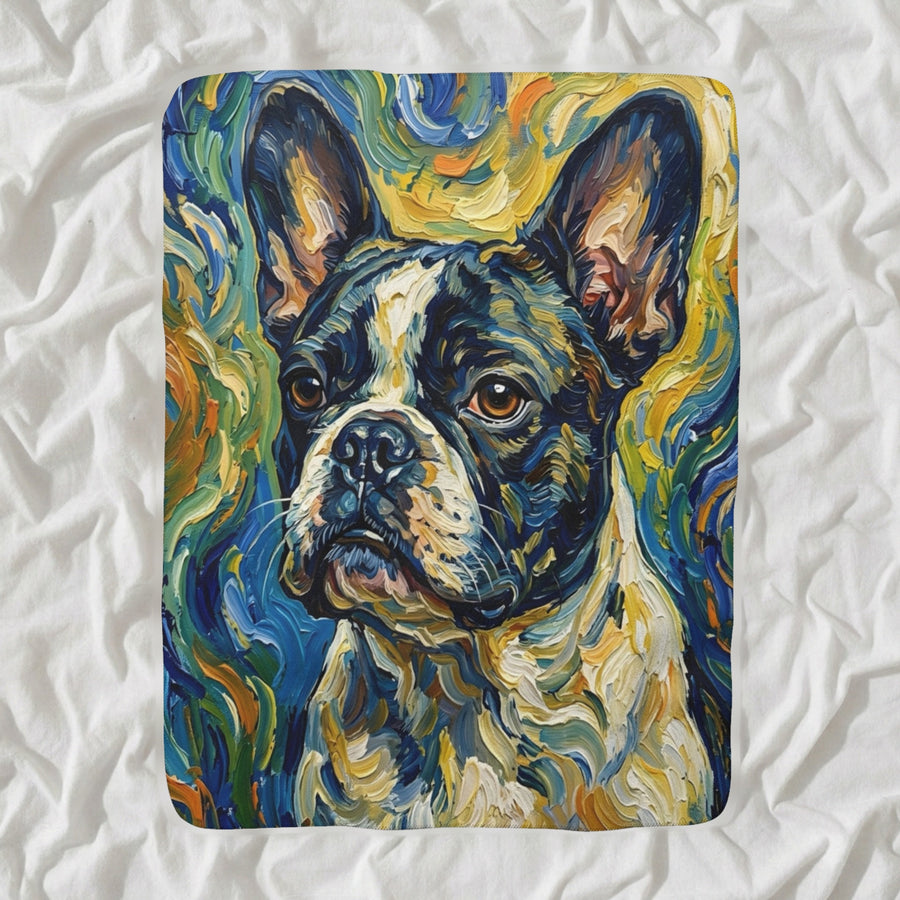 French Bulldog Post-Impressionist Sherpa Fleece Blanket, Painterly Dog Art, French Bulldog Lover Gift shown lying flat on softly rumpled white bedding