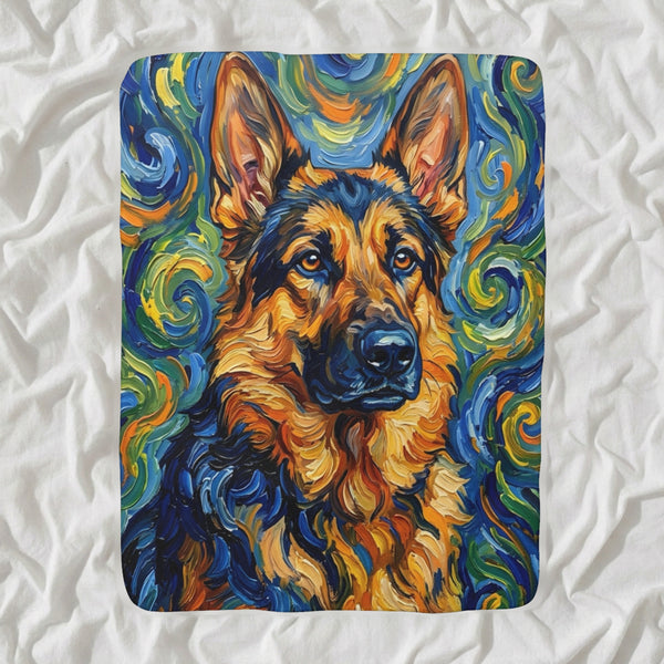 German Shepherd Post-Impressionist Sherpa Fleece Blanket, Painterly Dog Art, German Shepherd Lover Gift