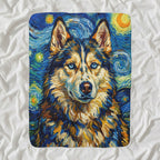 Siberian Husky Post-Impressionist Sherpa Fleece Blanket, Painterly Dog Art, Siberian Husky Lover Gift shown lying flat on softly rumpled white bedding