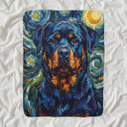 Rottweiler Post-Impressionist Sherpa Fleece Blanket, Painterly Dog Art, Rottweiler Lover Gift shown lying flat on softly rumpled white bedding