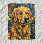 Golden Retriever Post-Impressionist Sherpa Fleece Blanket, Painterly Dog Art, Golden Retriever Lover Gift shown lying flat on softly rumpled white bedding
