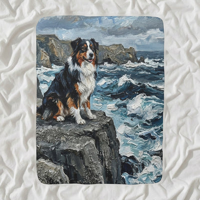 Australian Shepherd Acrylic Sherpa Fleece Blanket, Coastal Cliffside Dog Art, Australian Shepherd Lover Gift