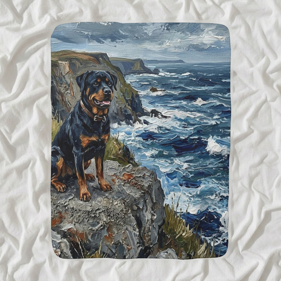 Rottweiler Acrylic Sherpa Fleece Blanket · Coastal Cliffside, Colorful Dog Art, Rottweiler Lover Gift shown lying flat on softly rumpled white bedding
