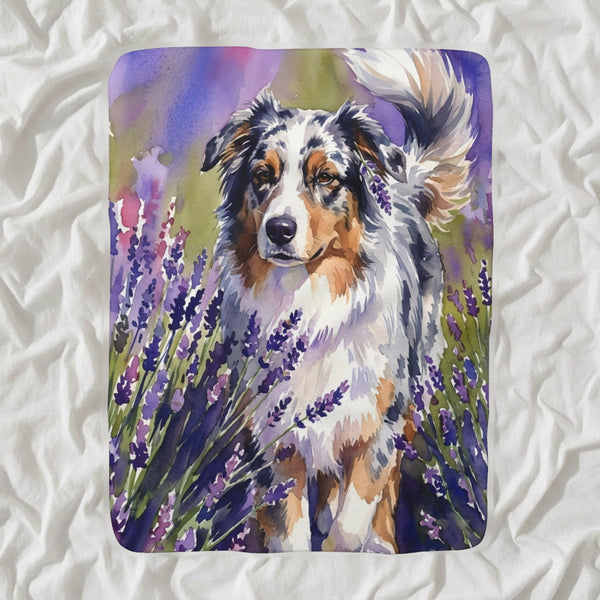 Australian Shepherd Watercolor sherpa blanket by Tritan, angled view