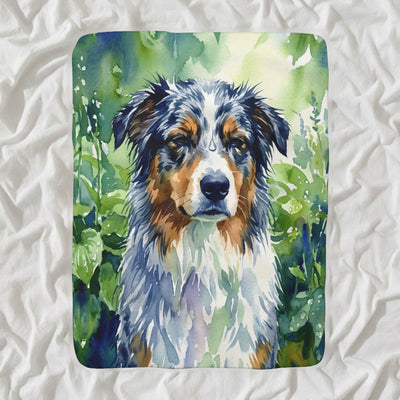 Australian Shepherd Watercolor Sherpa Fleece Blanket, Fern Garden Dog Painting, Australian Shepherd Lover Gift