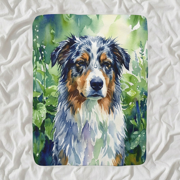 Australian Shepherd Watercolor Sherpa Fleece Blanket, Soft Dog Painting, Australian Shepherd Lover Gift